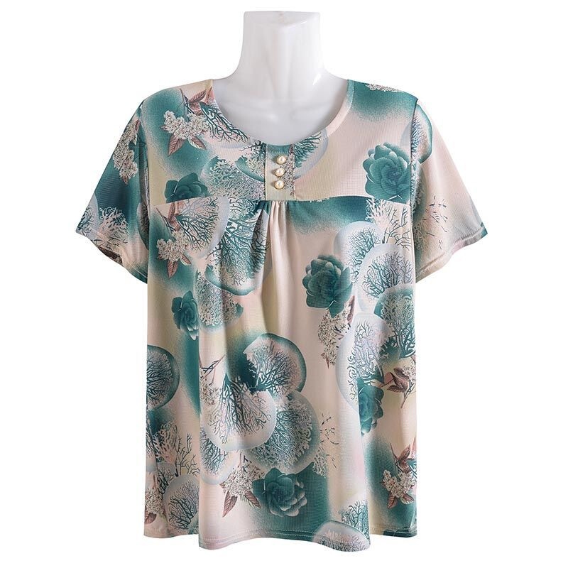 Summer Clothing for Middle-Aged and Elderly Women, Short-Sleeve Ice Silk T-Shirt, Plus Size Loose Casual Grandma Mesh Half-Sleeve Top T-Shirt