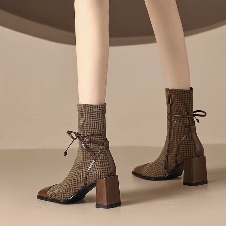 Yumeida Elegant Style~ New Square-Toe Houndstooth Martin Boots for Women 2023 Autumn Bowknot Chunky High-Heeled Short Boots Yumeida Elegant Style~ New Square-Toe Houndstooth Martin Boots for Women 2023 Autumn Bowknot Chunky High-Heeled Short Boots