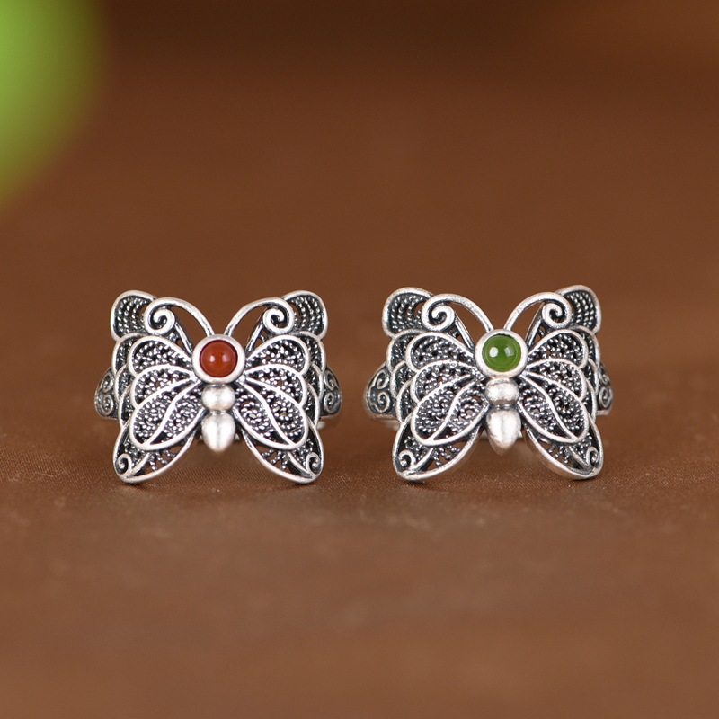 Golden Deer King S925 Silver Ring Vintage Old Style Simple Art Set South Red Silver Butterfly Open Ring Women's Ring