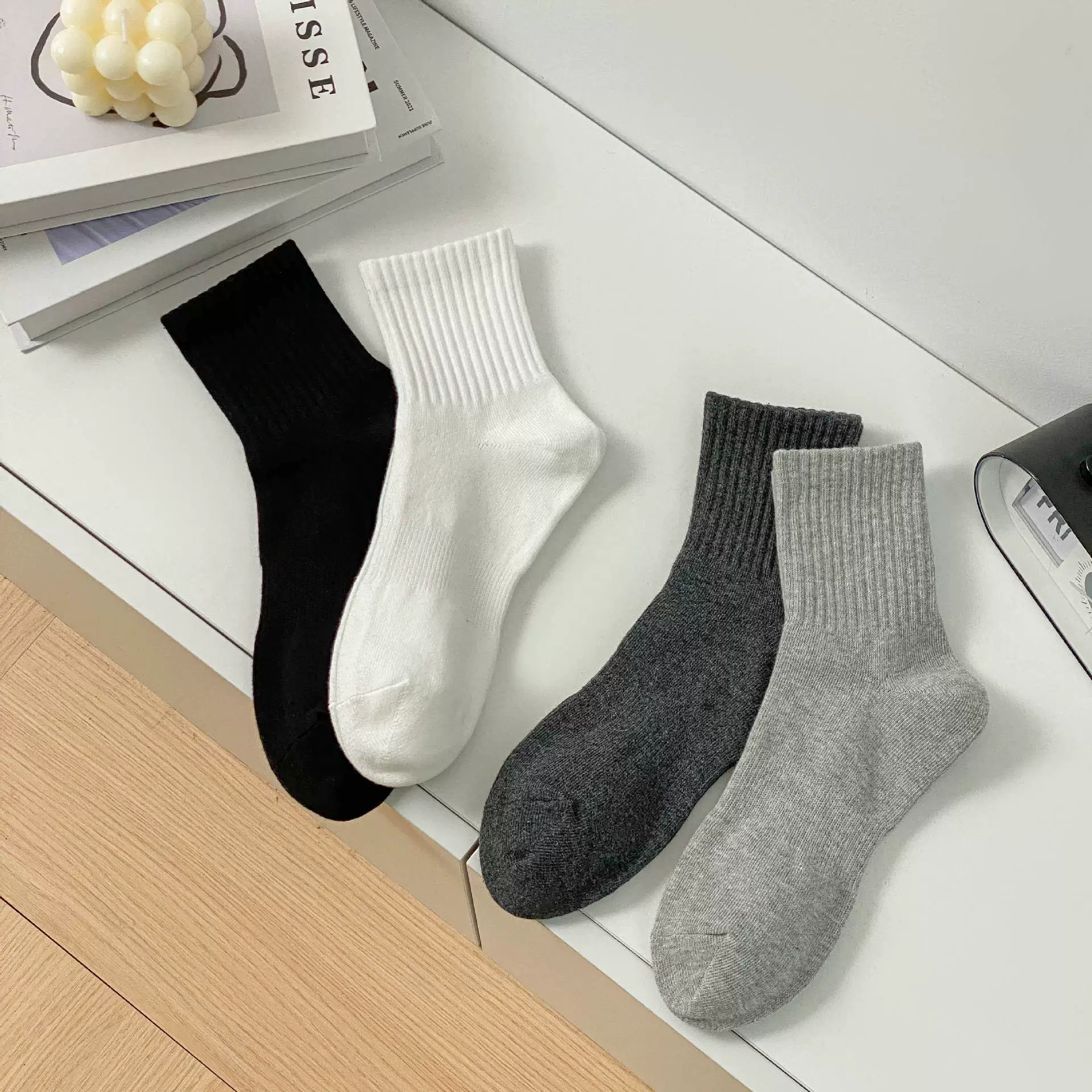 Solid summer cotton knee socks, mid-length, absorbs sweat and smell