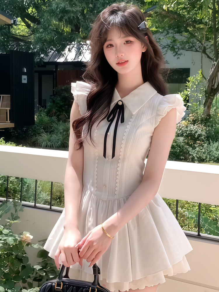 2026感蝴蝶结系带小众不撞款连衣裙女温柔风蕾丝拼接显瘦短裙女装