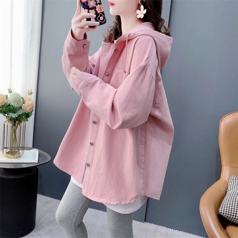 Plus Size Long-Sleeved Washed Denim Shirt for Women Spring & Fall Outer Shirt Fat mm Retro Mid-Length Hooded Jacket Top