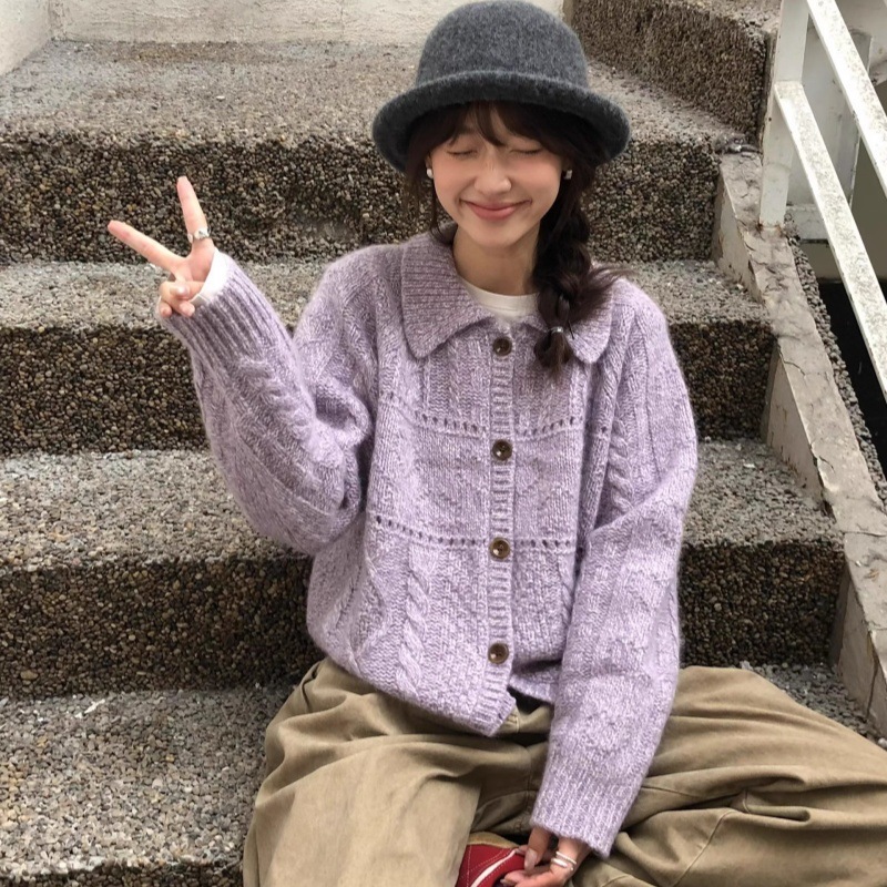 翻领新款秋冬山羊绒开衫女2025秋欧货粗线厚款麻花羊毛毛衣外套|undefined