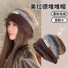 秋冬季大头围显脸包头针织堆堆帽子女冷帽月子帽产后保暖毛茸茸