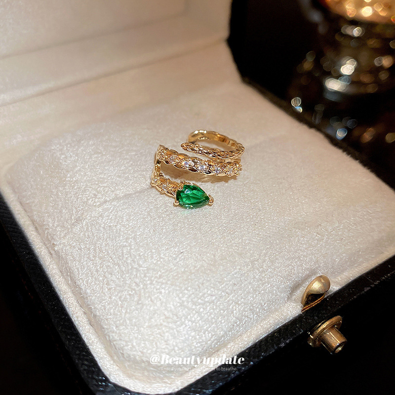 Oro real galvanizado verde circón serpiente en forma de serpiente oído clip de hueso personalizado creativo earless oído clip frío estilo temperamento pendientes