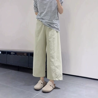 浅绿卡其休闲裤女夏季薄款韩系慵懒风九分裤高腰窄版直筒阔腿裤子