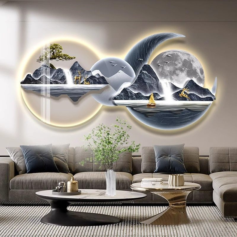 迎客松流水生财轻奢客厅装饰画沙发背景墙挂画高级感大气山水壁画