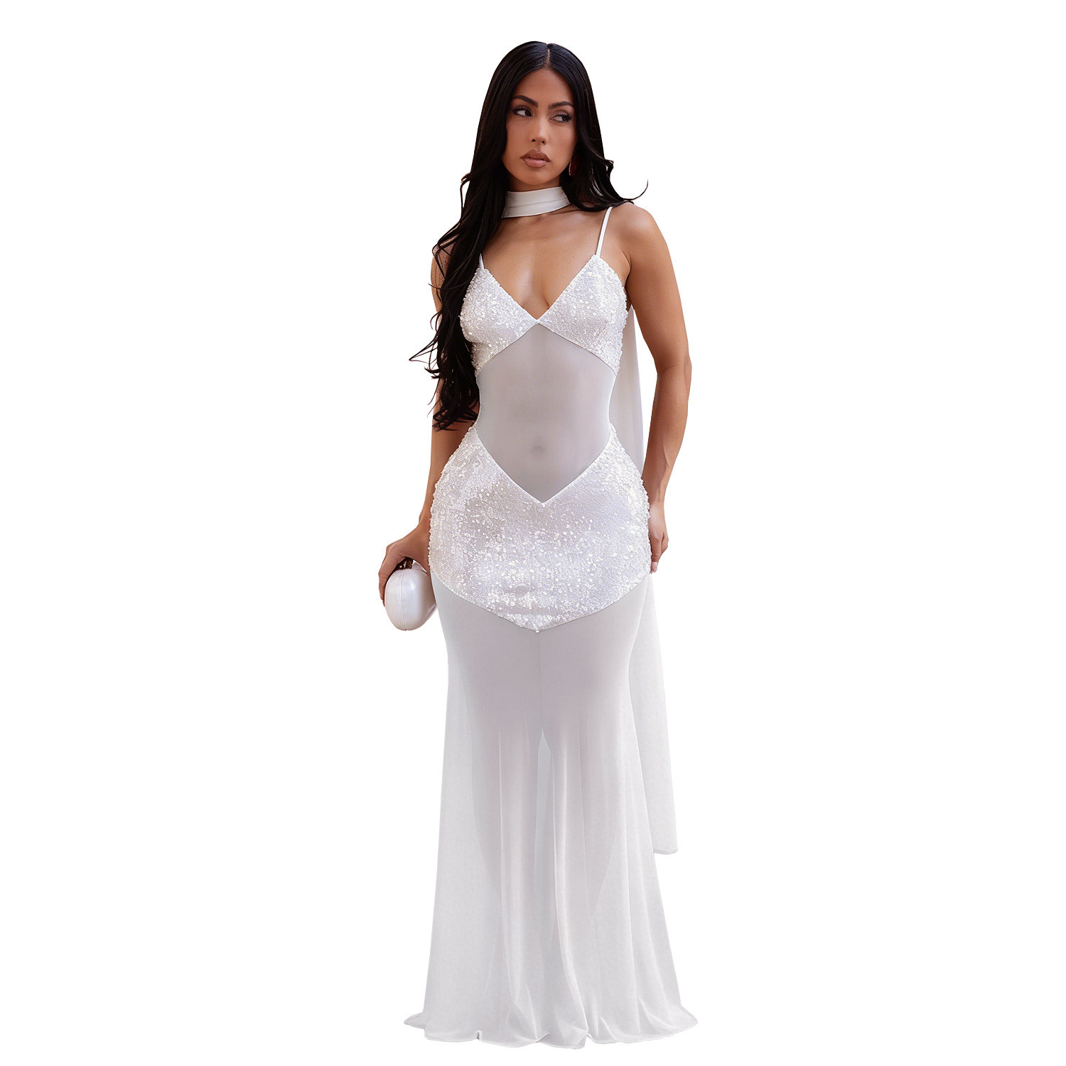 C7647 cross-border AliExpress Amazon Europa y América moda de mujer sexy tela de malla collar v vestido de cuentas