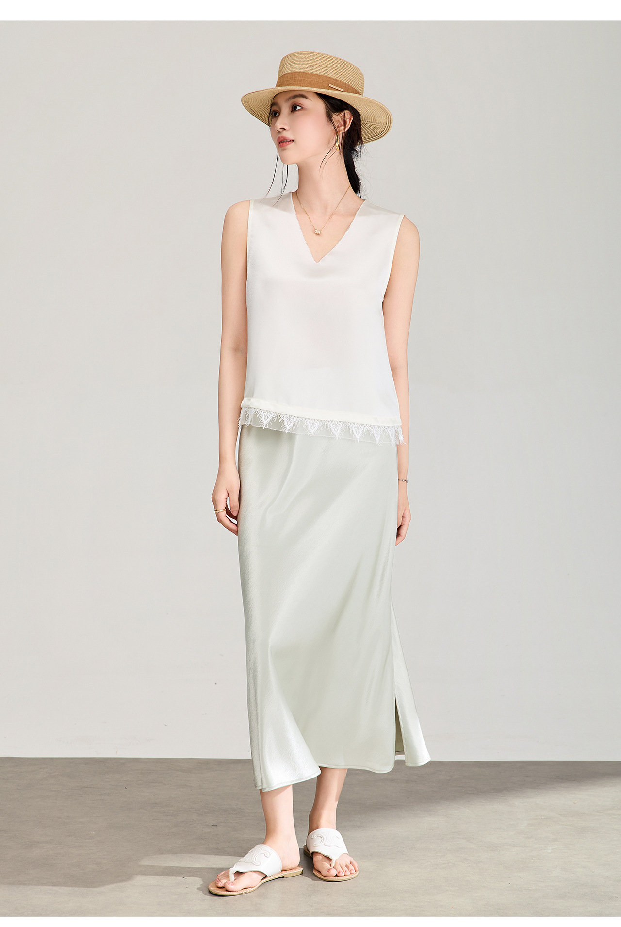 Áo hai dây nữ satin phối ren cổ chữ V — màu đen chi tiết 17