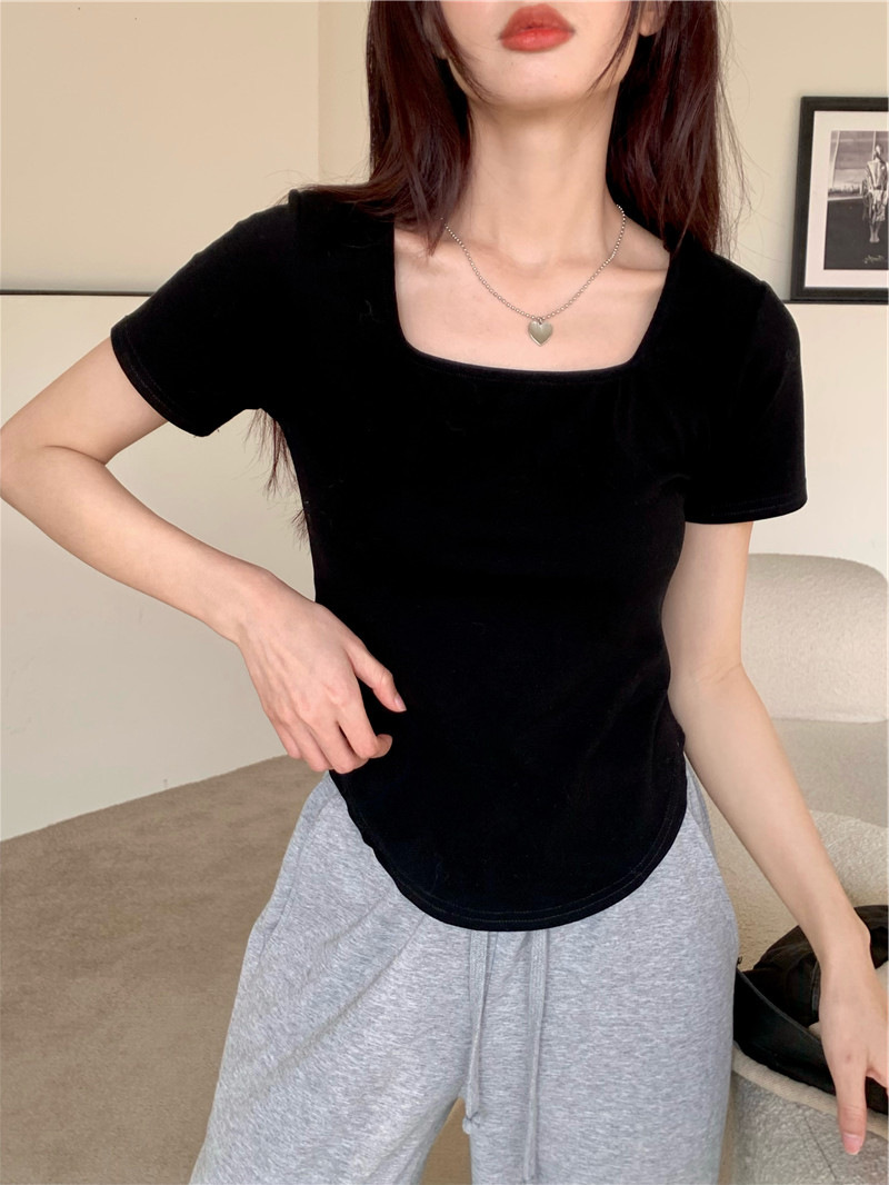 175g Weight Short Sleeve Sleeve Length Polyester Fabric Type Short Top Length T-shirt Tops Type Casual, Daily Occasion Square Neck Neckline Slim Fit Type Solid Color Pattern Summer, Spring, Autumn Season Women's Gender Casual, Simple Style Style Wholesale Women's Casual Simple Style Solid Color Short Sleeve T-Shirts 11