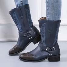歐美秋冬刺綉女士尖頭皮靴套筒綉花低跟中筒靴外貿跨境女馬丁靴