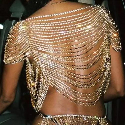 Women stage performance jazz dance bling body chain singers concert rehearsal diamond shoulder cape chain rhinestone bikini breast chain