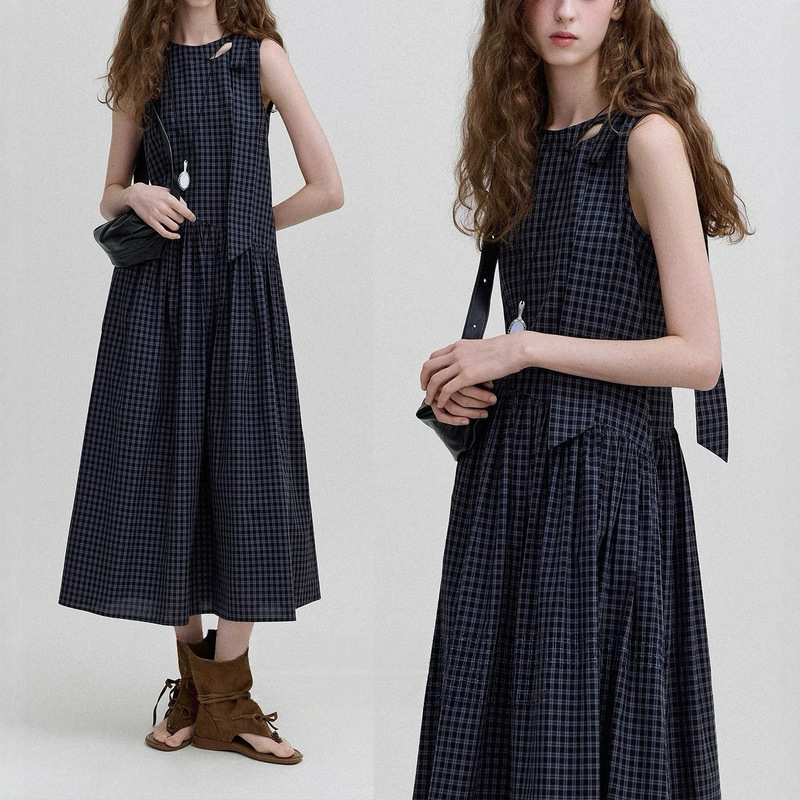 Letn Nordic Retro Romantic Plaid Cotton Irregular Design Butterfly Ribbon Dress for Women Letn Nordic Retro Romantic Plaid Cotton Irregular Design Butterfly Ribbon Dress for Women