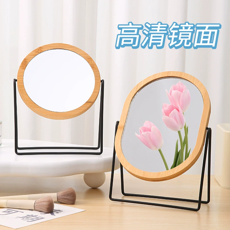 Простое деревянное зеркало, современное китайское зеркало в стиле ретро, ​​металлическое круглое увеличительное настольное косметическое зеркало, двустороннее вращающееся зеркало