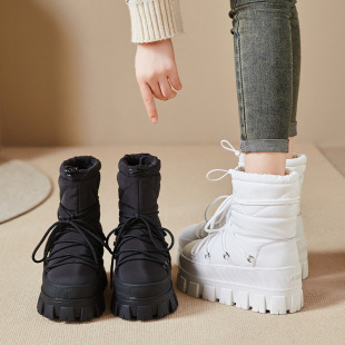 European Station Snow Boots Women's 2024 Winter New Thick Bottom 7CM Elevated Middle Tube Waterproof Non-slip Northeast Large Cotton Shoes