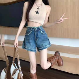 高腰阔腿毛边牛仔短裤女2024夏季新款流苏复古直筒显瘦a字热裤ins