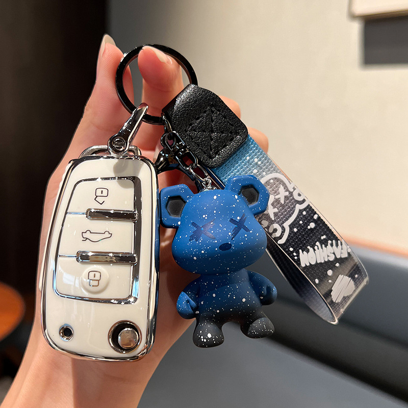 체리 A-접이식 3 키 [싱글 쉘 화이트] + 블루 폭력 곰 펜던트