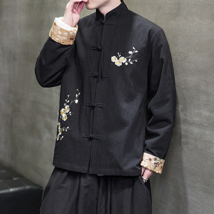 Linen style national style improved 2023 autumn and winter new men's fashion plum embroidery cotton and linen Hanfu Tang suit coat for men