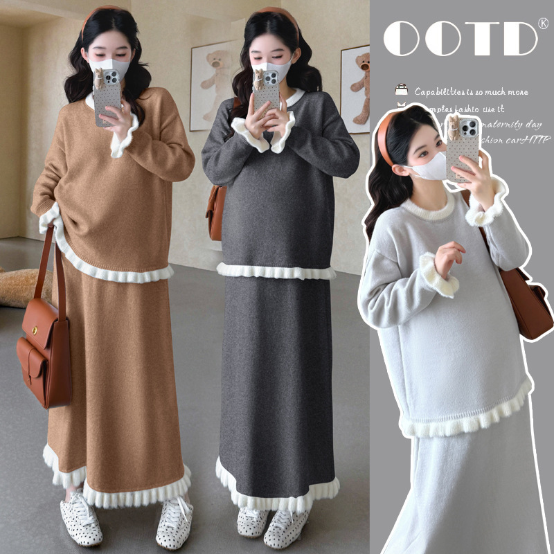 New Autumn and Winter Clothing for Pregnant Women, Sweet Two-Piece Dress, Knitted Sweater Top + Ruffled Skirt Set