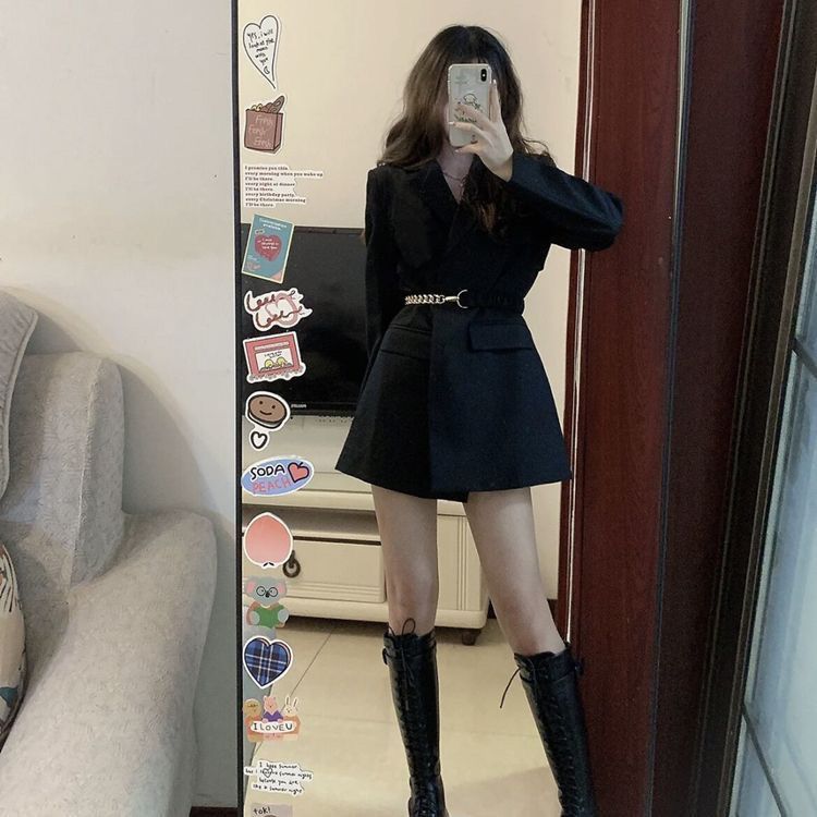 Black Suit Dress for Women, Autumn New Style, with Belt, High-End French Style, Elegant Waist-Cinching Suit, Long-Sleeve Blazer