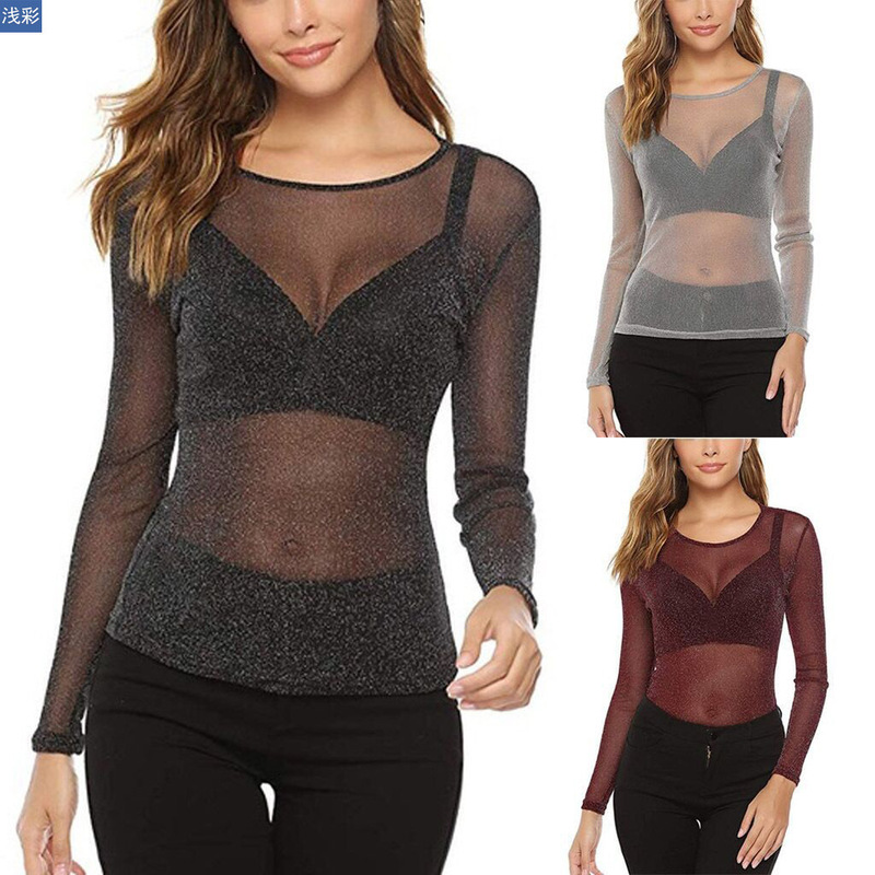 Amazon Cross-Border Women's Clothing High-Elastic Silver Thread Mesh Hollow-Out Long-Sleeve Top Sexy Mesh See-Through Cover-Up T-Shirt Amazon Cross-Border Women's Clothing High-Elastic Silver Thread Mesh Hollow-Out Long-Sleeve Top Sexy Mesh See-Through Cover-Up T-Shirt