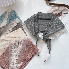 春夏季新款法式復古氛圍感碎花蕾絲邊三角巾頭巾文藝少女百搭裝飾