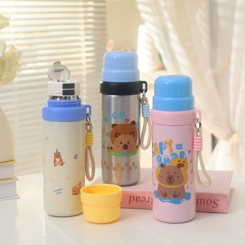女の子用のかわいい水玉模様の子犬魔法瓶カップ、ストロー付き屋外ウォーターカップ、子供用ダブルドリンクカップ、注ぎ可能なウォーターカップ|undefined
