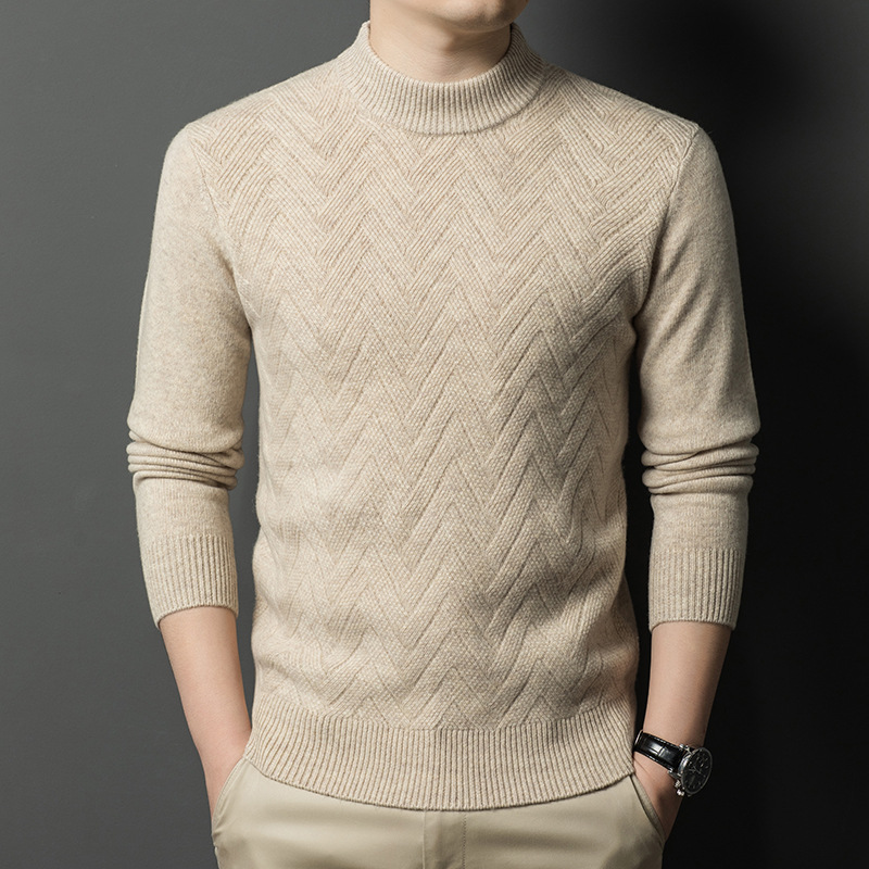 2024 겨울 새로운 젊은 및 중년 남성 유행 캐주얼 라운드 넥 두꺼운 따뜻한 순수 양모 니트 베이스 셔츠