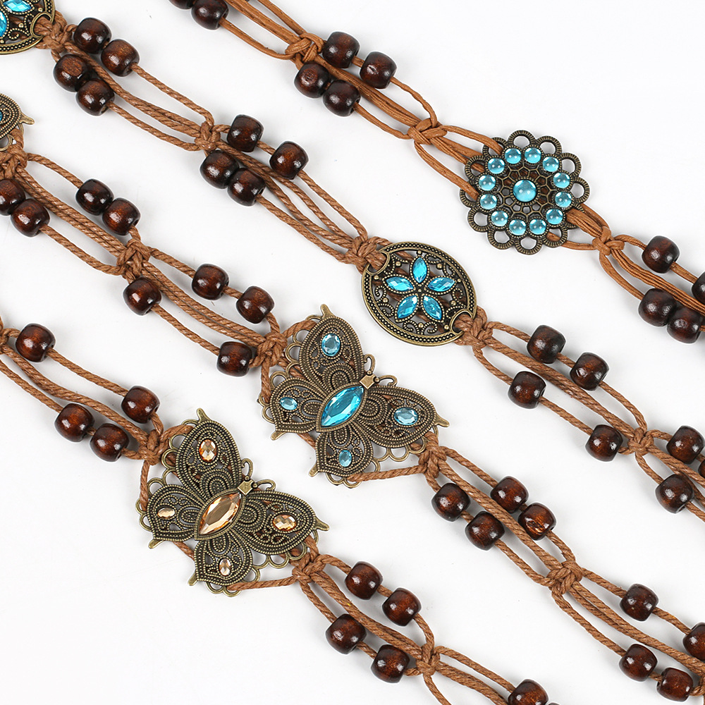 Handgefertigter gewebter Gürtel, Metall-Schmetterlings-Taillenkette, weibliche Seil-Taillenkette im Bohemian-Stil, Dekoration im Ethno-Stil, Vintage-Gürtel-Trend_voghion.com