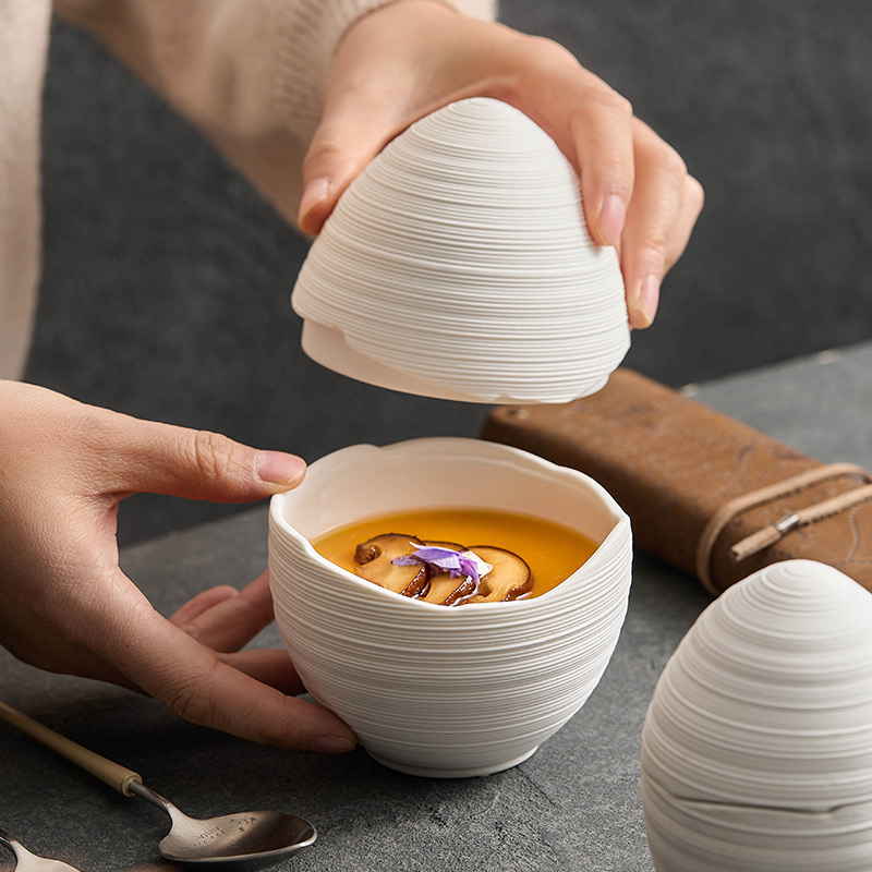 Elegant Textured Ceramic Egg Cup, Personal Health Care Stew Cup, Creative Egg-Shaped Bowl for Hotel and Restaurant, Steamed Egg Bowl