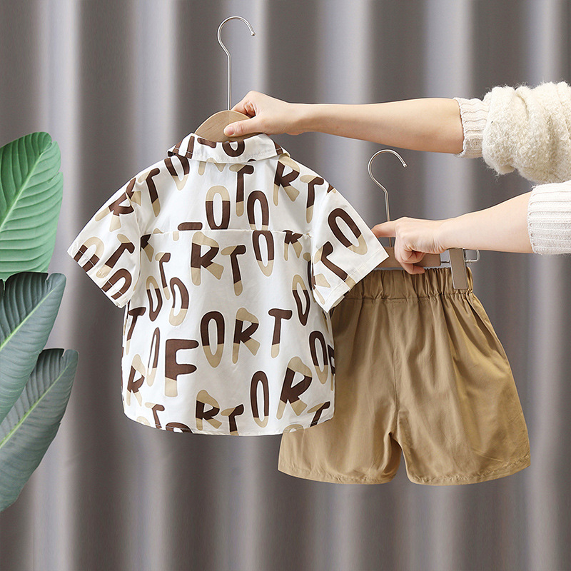 7112 Traje de camisa con letras para niños, camisa de manga corta de moda de verano para niños guapos, traje de dos piezas de verano