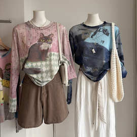 比正]2026夏季新品韩版设计感休闲百搭网纱透视防晒长袖T恤女6506