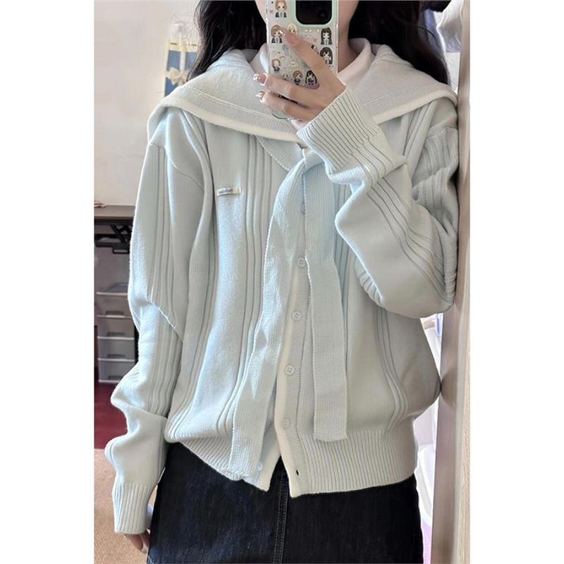 Navy Collar Preppy Style Blue Knitted Sweater Cardigan for Women Spring & Fall 2025 New Korean Style Lazy Petite Top