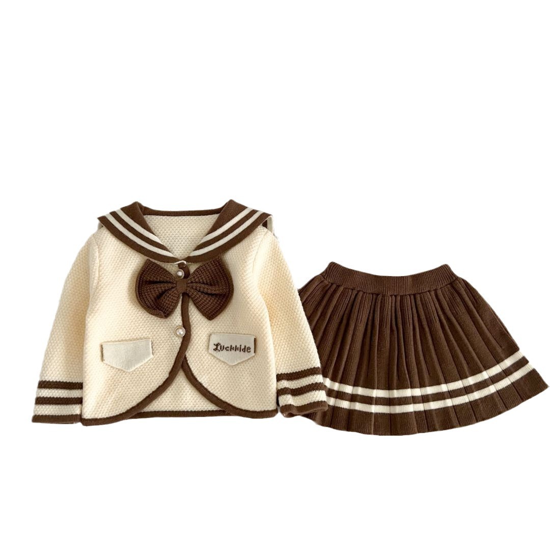 Girls' Sweater 2023 Autumn/Winter New College Two Piece Set Navy Style Korean Knitted Bow Skirt_voghion.com