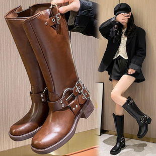 Western Denim Retro Women's Boots Thick Heel Mid-Heel Boots Square Head Punk Style Sleeve Rider Boots Brown Fashion Boots for Women