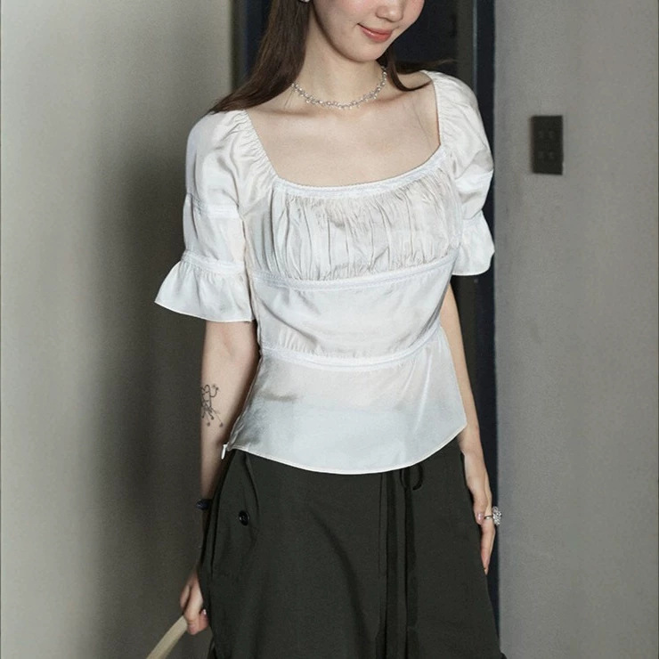 Lalaglow Full Acetate French Puff Sleeve Slim Fit Lace Patchwork Short Sleeve Shirt Women's Square Neck Top Lalaglow Full Acetate French Puff Sleeve Slim Fit Lace Patchwork Short Sleeve Shirt Women's Square Neck Top
