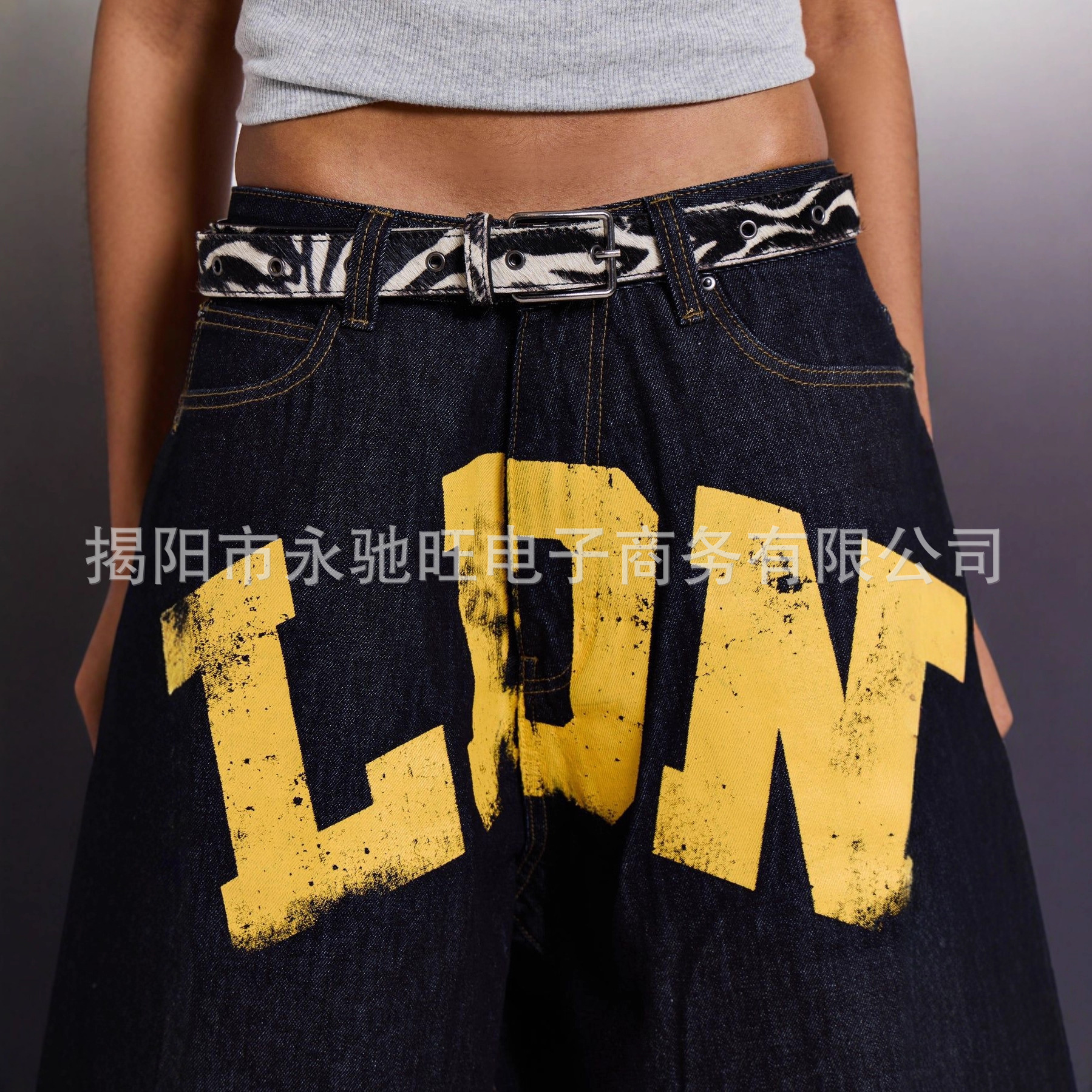 Other Jeans Loose Straight Letter Print Dark Blue