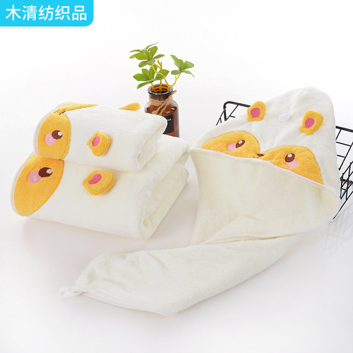 Coral velvet dry hair hat for women, water-absorbent quick-dry headscarf, cute and thick bath cap, hair-wiping towel, cartoon dry hair towel