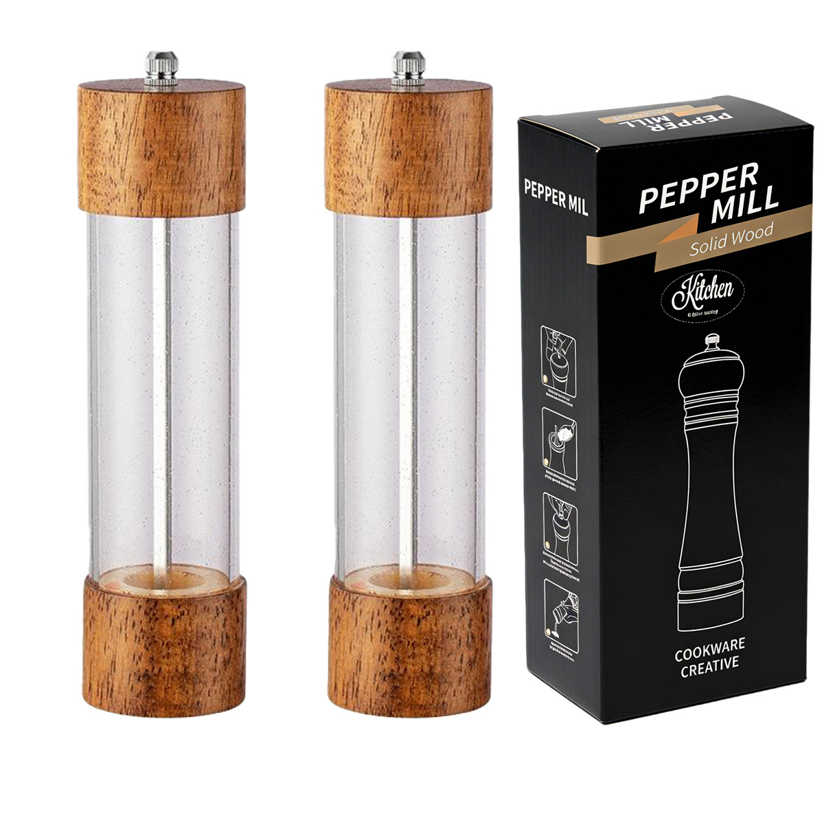 Molino de pimienta de madera núcleo cerámico manual acrílico polvo de pimienta sal marina molino multipropósito herramientas de cocina multipropósito para el hogar