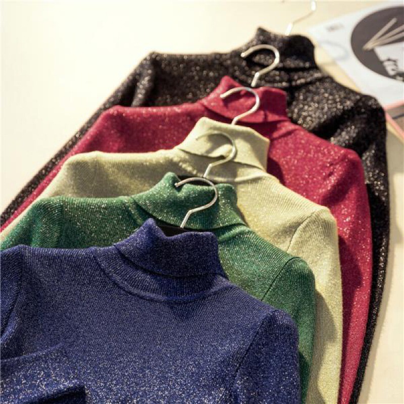 Glitter Silk Sweater 2023 New Autumn and Winter Tight Long Sleeve High Neck Base Shirt Western Style Bright Gold Silk Sweater Women's Trendy Glitter Silk Sweater 2023 New Autumn and Winter Tight Long Sleeve High Neck Base Shirt Western Style Bright Gold Silk Sweater Women's Trendy