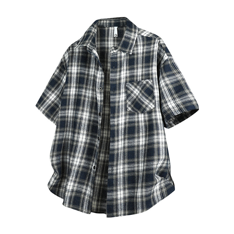 2025 Cross-border Summer New Men's Retro Plaid Short-sleeved Shirt Korean Style Youth Fashion Casual Loose Shirt
