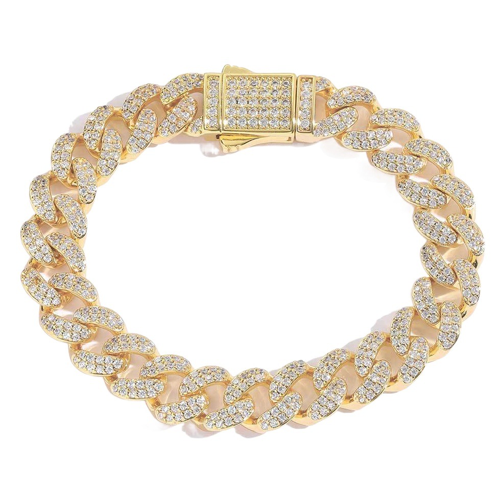 Amazon transfronterizo europeo y americano Venta caliente 12mm doble fila ZIRCON hip hop pulsera primavera joyería hebilla cifrada pulsera cubana