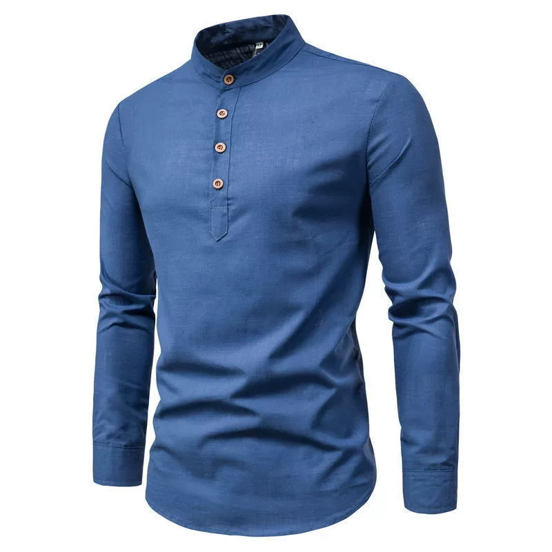Весенняя мужская рубашка с длинным рукавом, slim fit, китайский стиль, хлопок и лён, узкий крой,