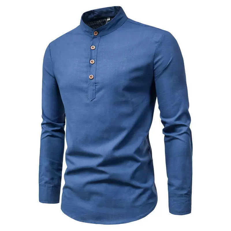 Весенняя мужская рубашка с длинным рукавом, slim fit, китайский стиль, хлопок и лён, узкий крой,