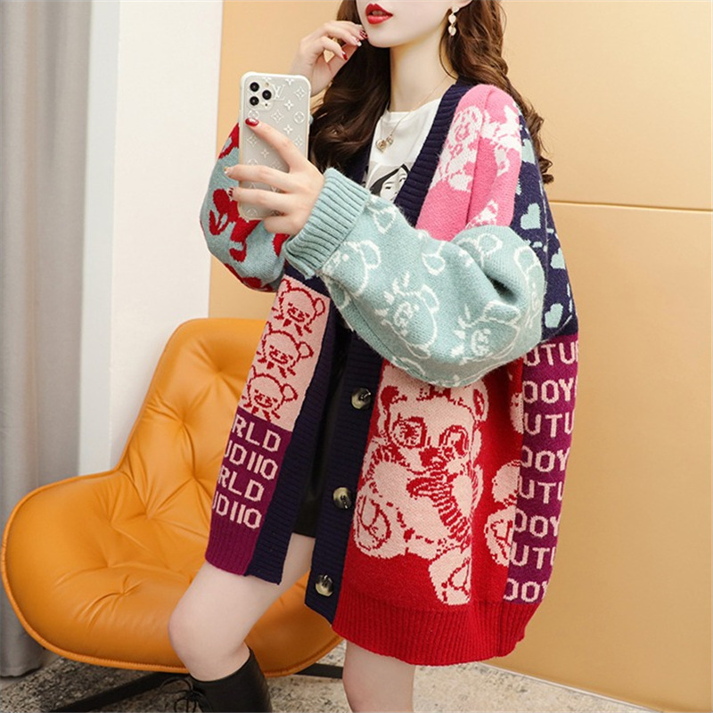 Retro letter jacquard loose lazy sweater out of the 2021 autumn and winter new wild knitting cardigan women's clothing