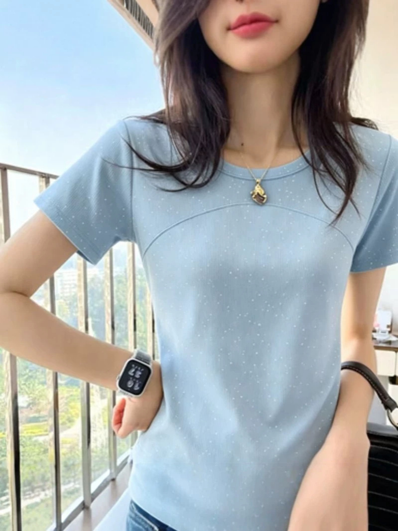 Ice Silk Ribbed Starry Sky Gold Glitter Short-Sleeve T-Shirt for Women, New Summer Style, Slim Fit, Elegant and Versatile Round Neck Top