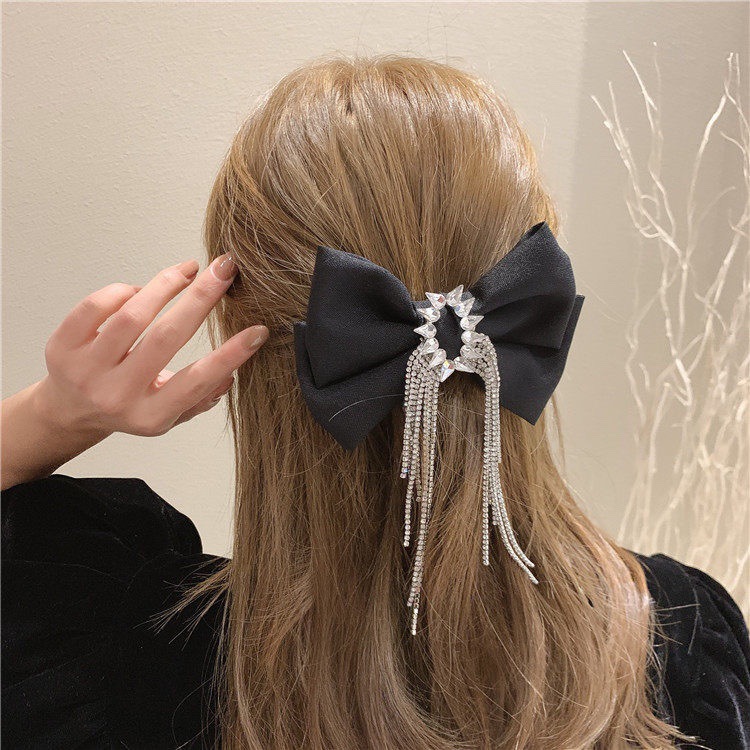 Korean Style Diamond Tassel Design Black Bow Hairpin display picture 1