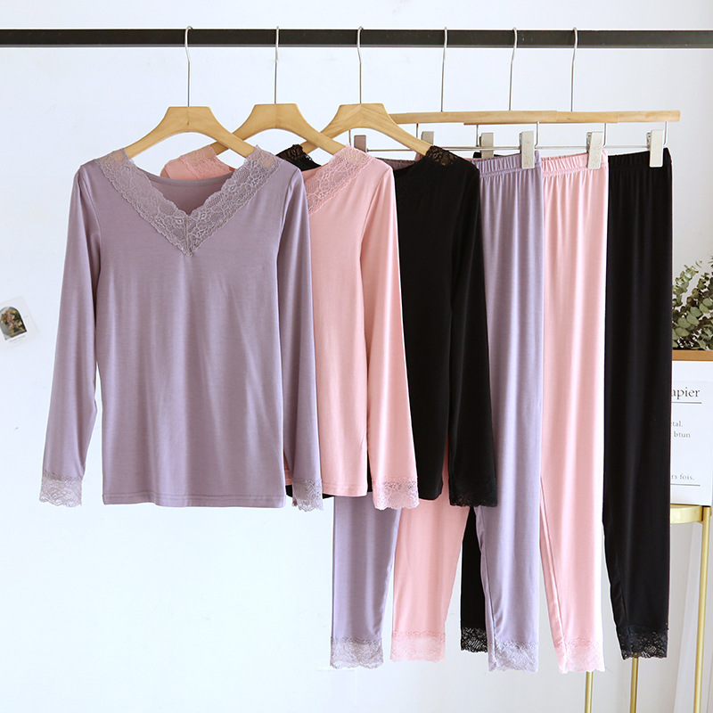 Lace long johns women's modal thin slim-fit thermal underwear close-fitting V-neck pullover bottoming shirt can be single shot Lace long johns women's modal thin slim-fit thermal underwear close-fitting V-neck pullover bottoming shirt can be single shot