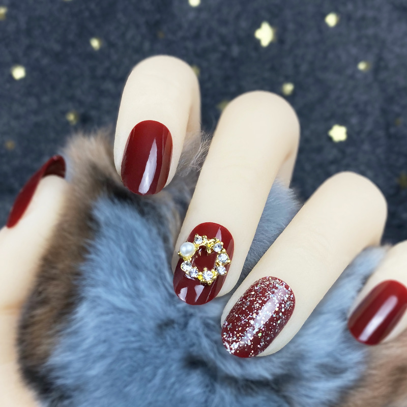 Finished Fake Nail Wreath Burst Powder Wear Nail Art Patch Wine Red White Bride Long Nail ZD-155 Finished Fake Nail Wreath Burst Powder Wear Nail Art Patch Wine Red White Bride Long Nail ZD-155