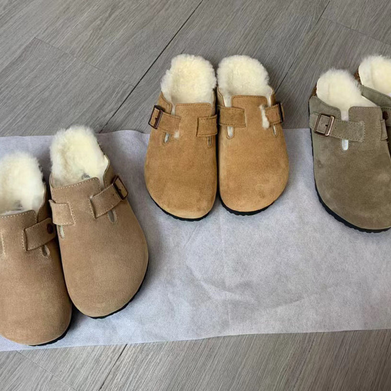 Boken shoes thickened wool snow boots fur integrated men's and women's adult heel and half slippers closed toe warm shoes